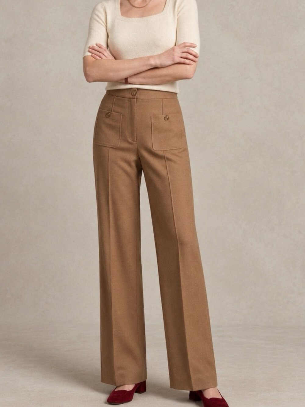 Sézane Size EU 44 High-Rise Tan Camel Wide-Leg Pants Classic Button Front